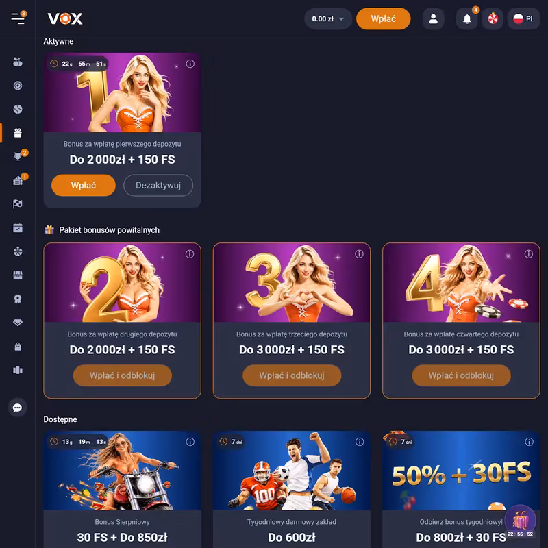 Vox Casino bonus powitalny - tabela pakietu czterech depozytów z darmowymi spinami